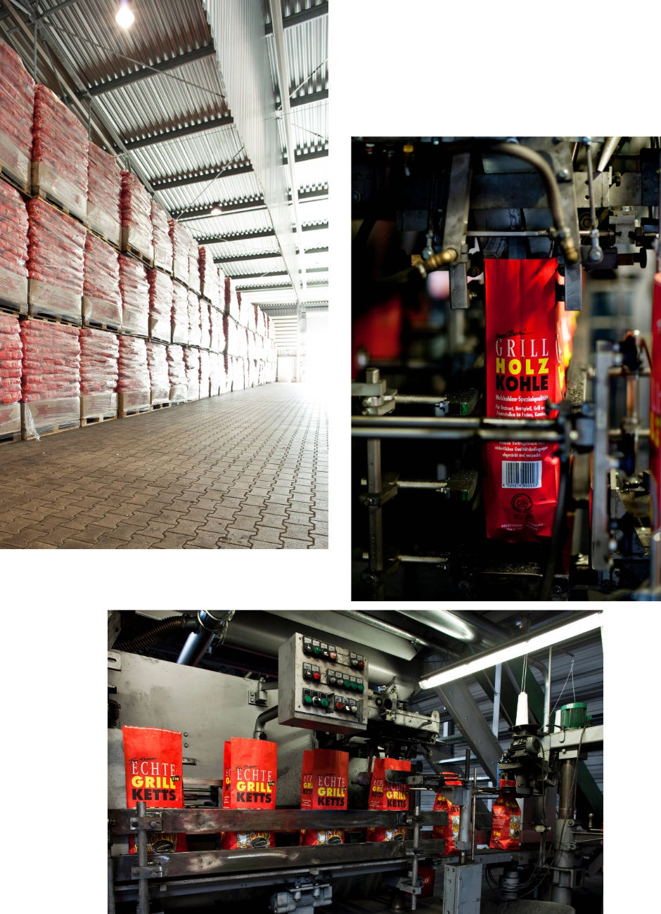 Collage Bilder aus der Produktion des Holzkohlewerks Lüneburg